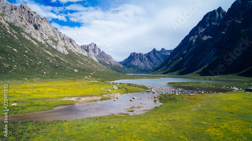 Aerial view of beautiful lake in high altitude mountains