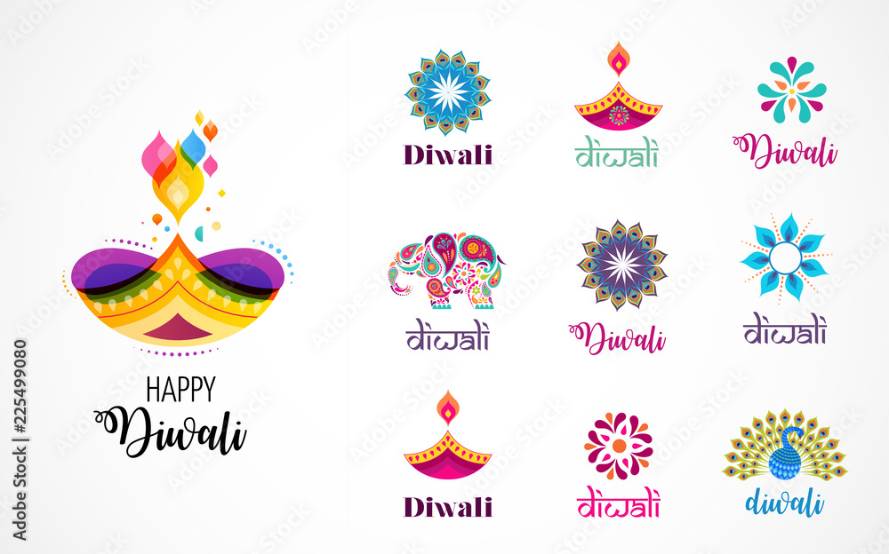 Fototapeta premium Happy Diwali Hindu festival icons, elements, logo set. Burning diya illustration, light festival of India