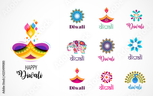 Happy Diwali Hindu festival icons, elements, logo set. Burning diya illustration, light festival of India