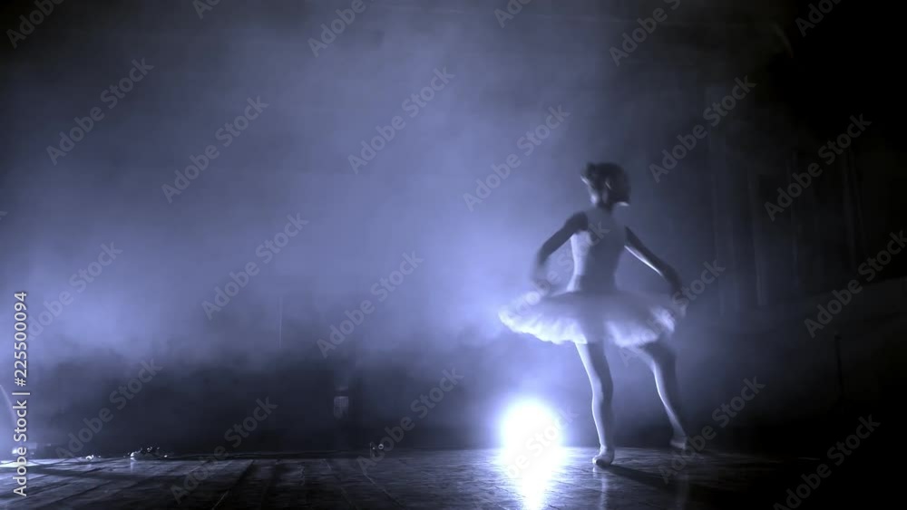 Young girl dancer jumping high in sky, little Ballerina posing, smoke Young girl dancer jumping high in sky, little Ballerina posing, smoke
