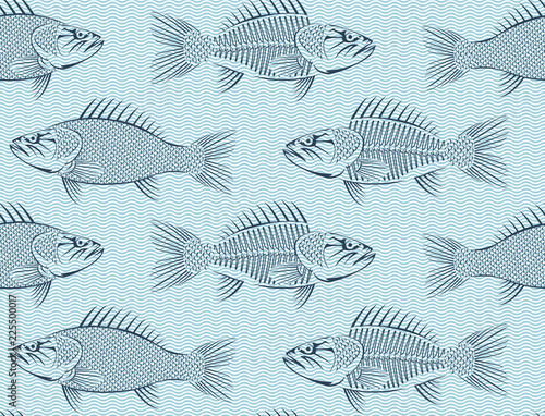 Vector seamless background with drawn sketches of fish on blue background with waves. Hand-drawn illustration in retro style. Can be used for seafood menu or fish market