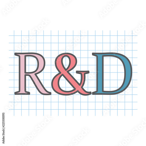 R&D (Research and development) acronym written on checkered paper sheet- vector illustration