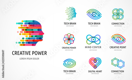 Brain, Creative mind, learning and design icons, logos. Man head, people symbols - stock vector