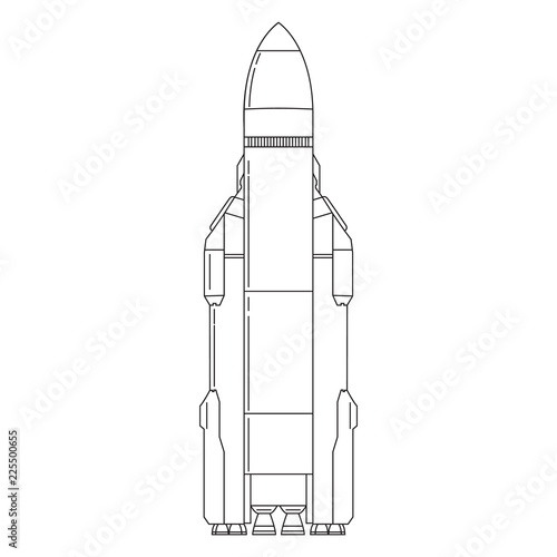 Heavy transport missile for flight in space and deliveries of cargo to an orbit. Reusable spaceship. Linear art vector. Rocket, multistage with the jet engine.