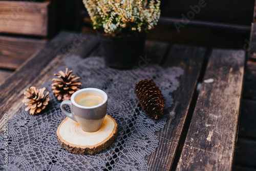 Coffee cup on table. Cup of hot latte coffee in the relaxing time. cup of coffee on wooden. Lavender. Aroma of lavender. Aroma of coffee.