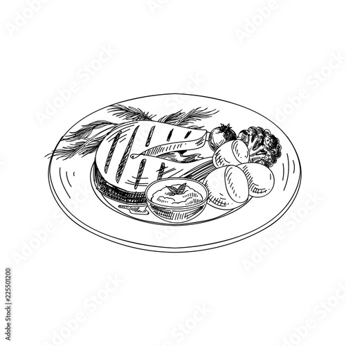 Vector hand drawn Fried fish with garnish and sauce.