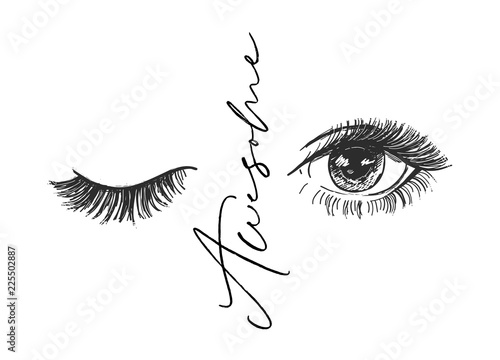 Vector art design, closed and open eye with long lashes, beautiful eyelashes. Fashion illustration, tee shirt slogan design