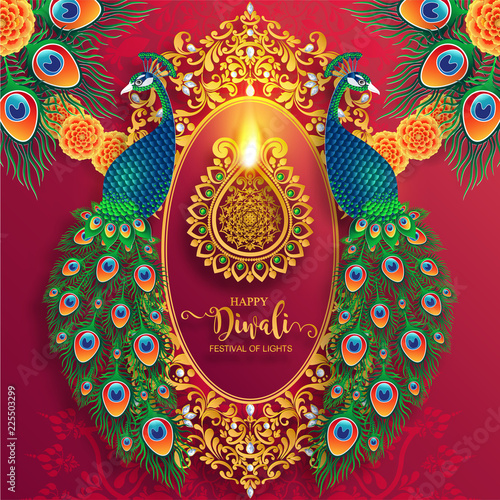 Happy Diwali festival card with gold diya patterned and crystals on paper color Background.