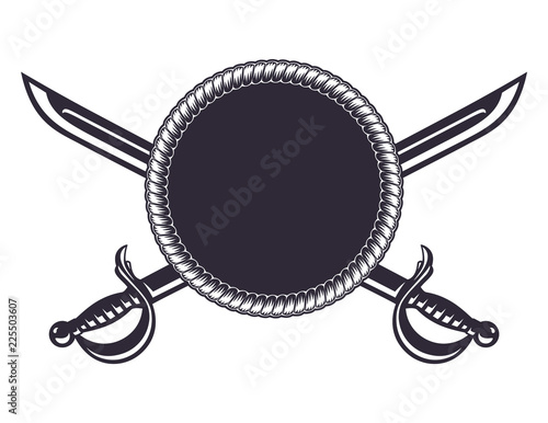 Monochrome vintage icon, crossed pirated swords and sea rope. Simple shape for design logo, emblem, symbol, sign, badge, label, stamp. Hand drawn vector illustration, isolated on white background.