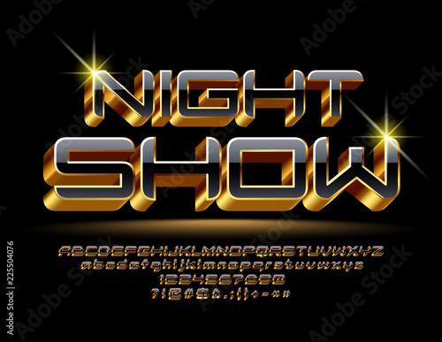 Vector luxury Sign Night Show. Chic Rich 3D Font. Glossy Black and Golden Alphabet Letters, Numbers and Symbols