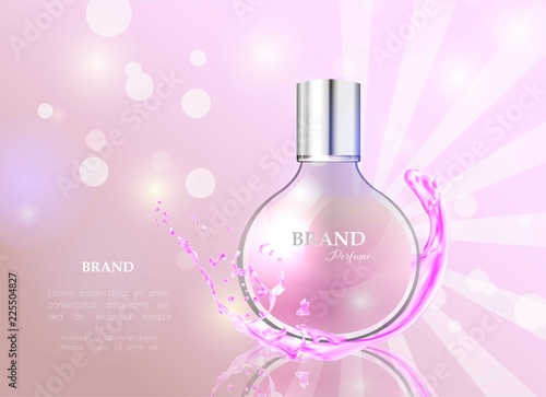 Vector illustration of a realistic style perfume in a glass bottle. Great advertising poster for promoting a new fragrance.