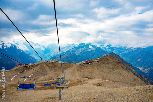 Aerial view from the drone. Funicular lift in the mountains Summer mountain landscapes of Karachay Cherkessia, Dombay, Western Caucasus. photo