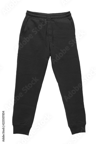 Blank training jogger pants color black front view on white background photo
