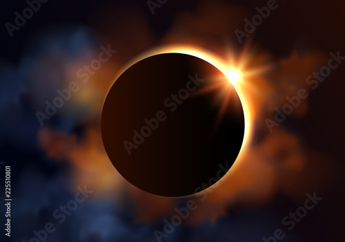 Beautiful vector eclipse illustration with yellow light rays and clouds in the dark sky