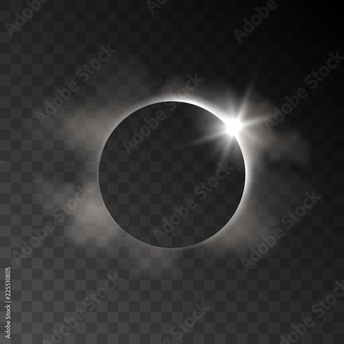 Vector realistic eclipse transparent effect with clouds and light rays on dark background