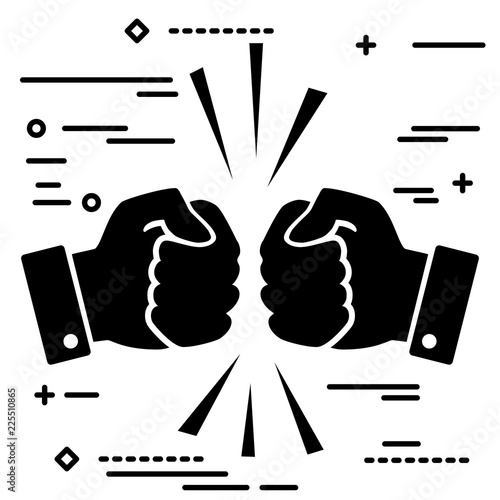 Concept of fierce competition. Flat lay black art two hands clenched into fists collide on white background.