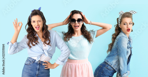 Beautiful young woman on color background