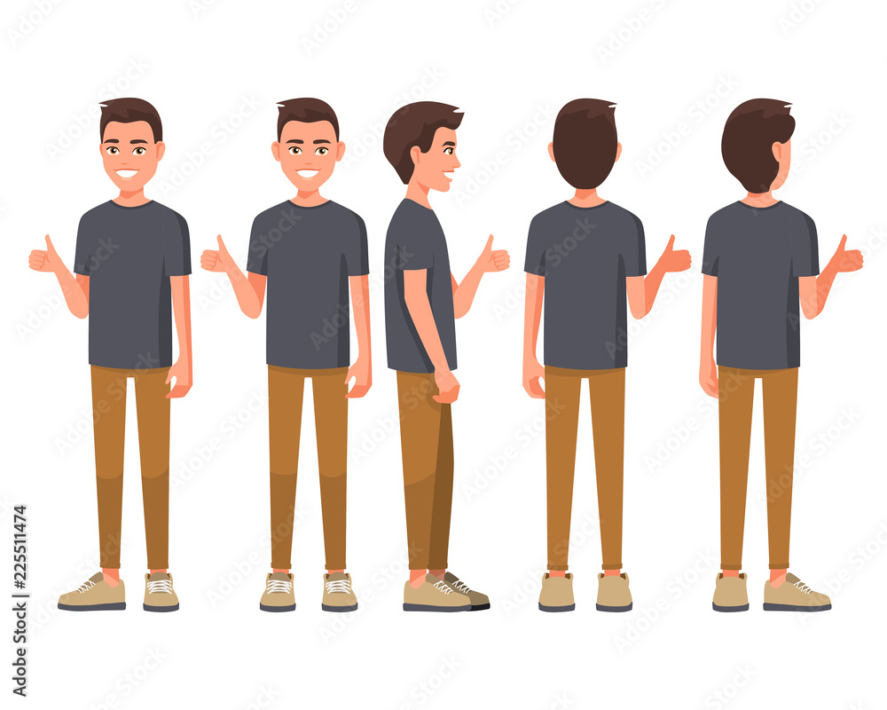 Vector illustration of smiling men in casual clothes show thump up for agreement sign with success business concept. Cartoon realistic people set. Flat young man. Front view. Good hand, good job.