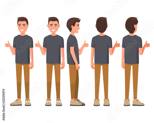 Canvas Print Vector illustration of smiling men in casual clothes show thump up for agreement sign with success business concept