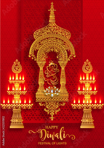 Happy Diwali festival card with gold diya patterned and crystals on paper color Background.