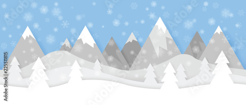 Simple seamless paper cut winter vector landscape with snowflakes, layered mountains and trees on blue background.