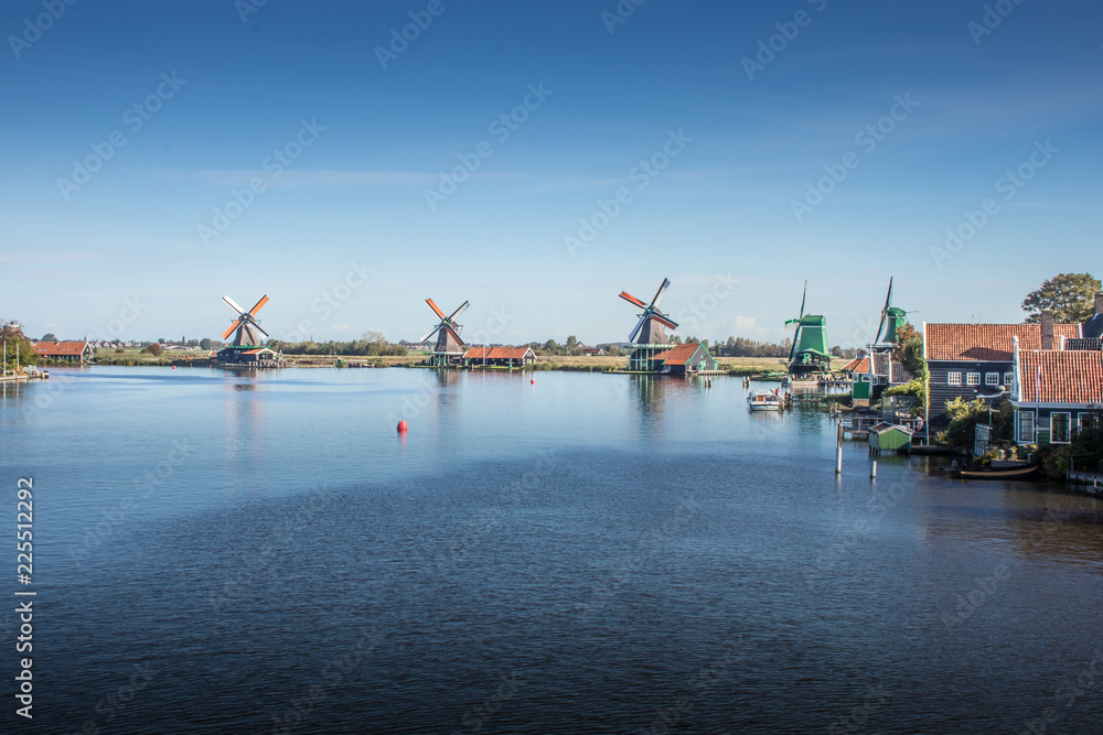Fototapeta premium Panorama of windmills in Schans at Amsterdam, Netherlands