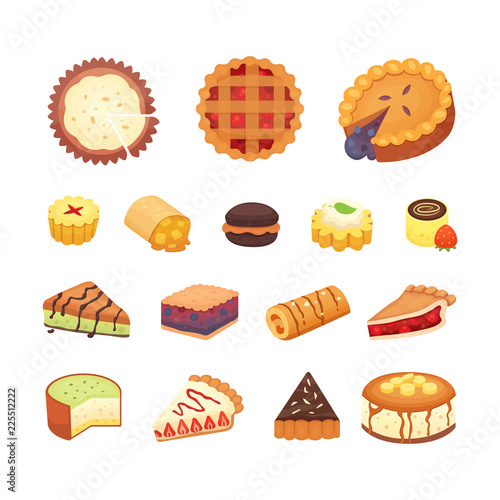 Sweets desserts objects collection, strawberry cakes, fruit and berry sweet pies with cream. Homemade bakery cake dessert pie vector set.