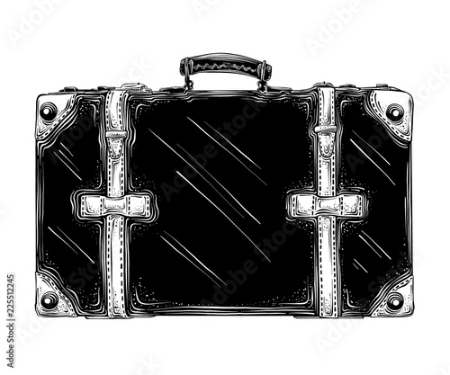 Hand drawn sketch of retro suitcase in black isolated on white background. Detailed vintage style drawing. Vector illustration
