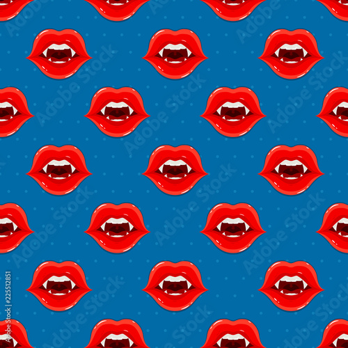 Blue Seamless Background with Vampire Lips