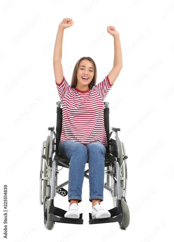 Happy young woman sitting in wheelchair on white background Happy young woman sitting in wheelchair on white background