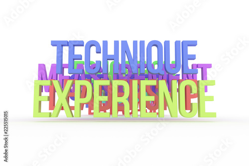 Technique & experience, business conceptual colorful 3D words. Background, style, typography & digital.