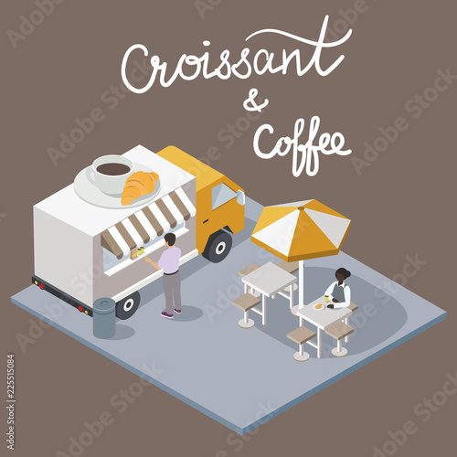 Isometric Coffee and croissant Cafe with script lettering. Coffee break Food Truck Delivery Master. Street Food Chef Infographic. 3D Flat vector Vehicle 