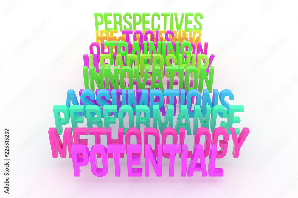 Potential, performance & methodology, business conceptual colorful 3D words. Graphic, background, communication & digital.