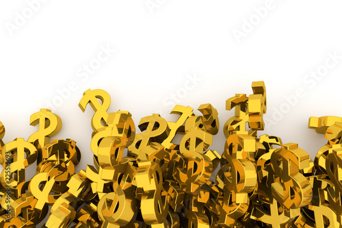 Bunch or pile of illustrative gold dollar sign, background isolated on white. Illustration, repeat, pattern & decoration.