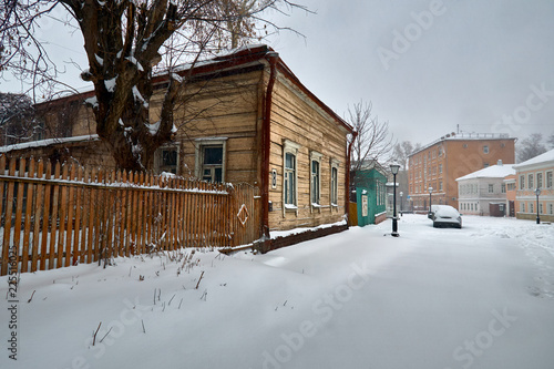 The Cathedral of the Dormition in krutitskoe metochion in Moscow. There is heavy snowfall in the city.