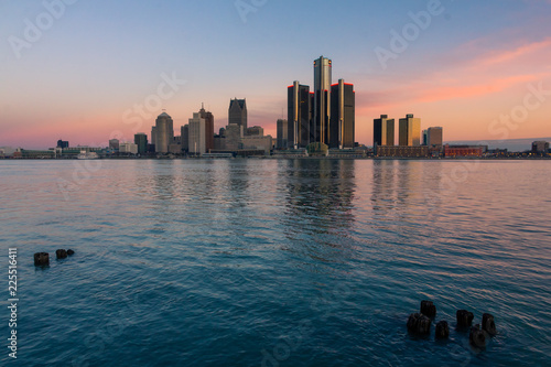 Downtown Detroit skyline from Windsor riverfront at dawn (ON, Canada)