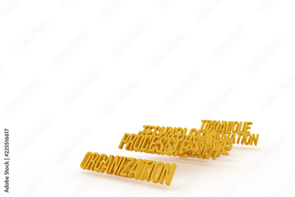 Organization, business conceptual golden 3D words. Cgi, illustration, rendering & style.