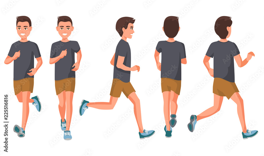 Vector illustration of running young man in casual clothes .Cartoon  realistic people  young , side and back views.  Isometric views. Sportive woman. Sport, training, run. Stock Vector | Adobe  Stock