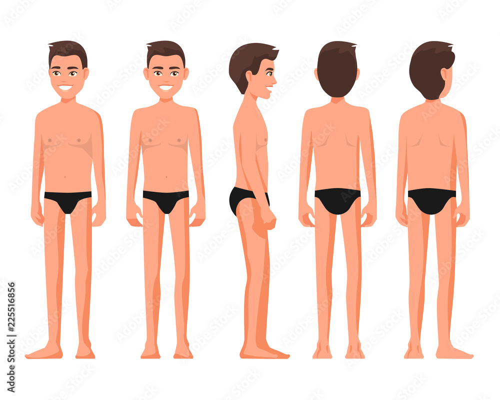 Vector illustration of men in underwear. Vector cartoon realistic people  illustartion. Flat young man. Front view man, Side view man, Back side view  man, Isometric view. Thin guy. Stock Vector | Adobe