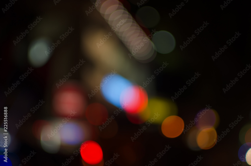 Abstract city night defocused light, blur bokeh, colorful & dark background. Bubble, pattern, shiny & dreamy.
