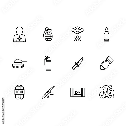 Simple set war, army, military and anti terrorism vector line icon. Contains such icons military soldier, grenade, explosion, weapon, tank, bullet and projectile rocket.