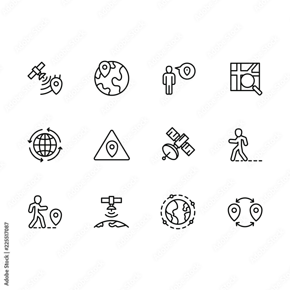 Simple set map pointer, navigation, globe, travel, location vector line icon. Contains such icons map with pin, route, mobile app, gps navigator, destination and more. Simple set map pointer, navigation, globe, travel, location vector line icon. Contains such icons map with pin, route, mobile app, gps navigator, destination and more.