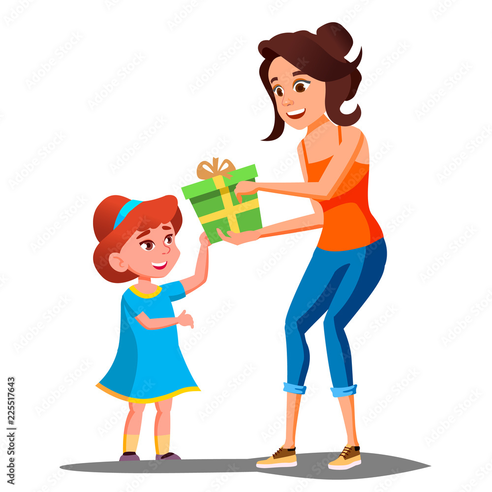 Happy Girl Receives Gifts From Parents Vector. Isolated Illustration Happy Girl Receives Gifts From Parents Vector. Isolated Illustration