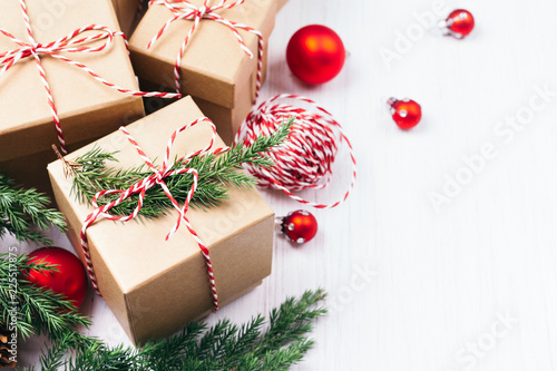 Christmas gift boxes collection with evergreen branches, candy cane Christmas...