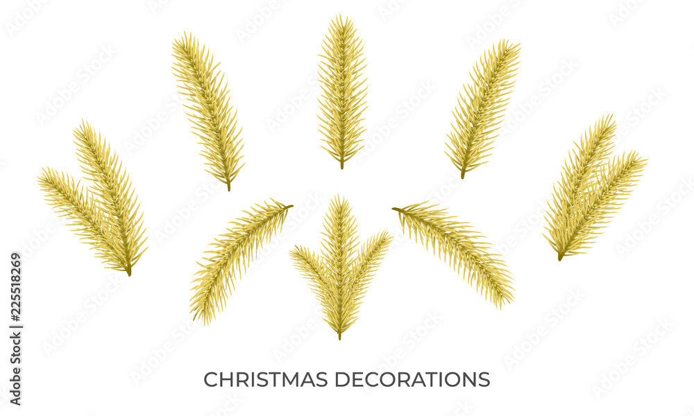 Christmas tree gold branches. Xmas and New Year realistic decorations Christmas tree gold branches. Xmas and New Year realistic decorations