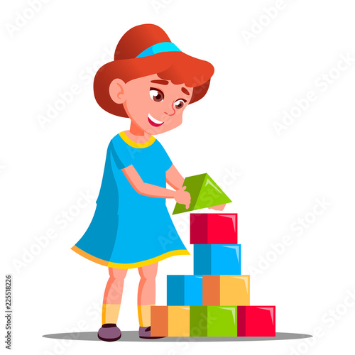 Little Girl Playing In Building Blocks Vector. Isolated Illustration
