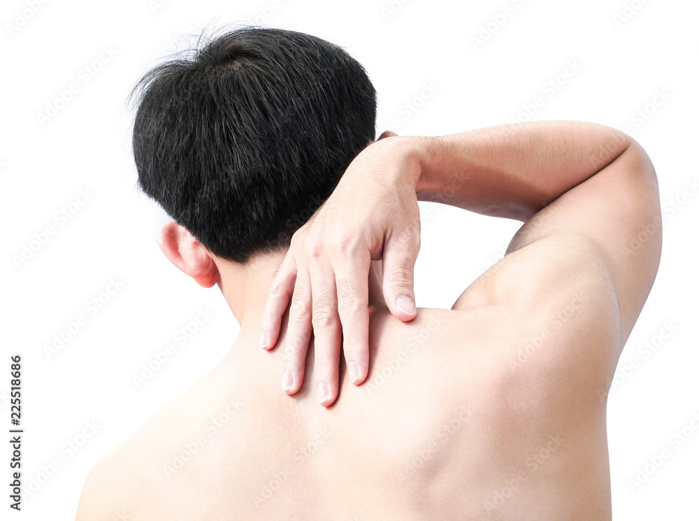 Obraz premium Closeup man hand holding neck or shoulder with pain on white background