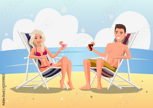Couple on the beach at tropical resort Travel concept. Vector illustration of woman and man in underwear with cocktails in chaise lounge. People sunbathing in beach chair. People on summer vacation.
