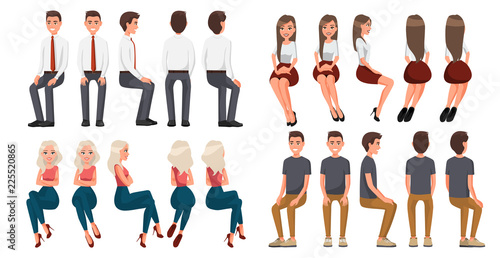 Big set of sitting people. Men in casual clothes and official clothes, woman in red skirt and a white blouse, woman in casual clothes . Cartoon realistic people. Flat young man. Front view, Side view photo