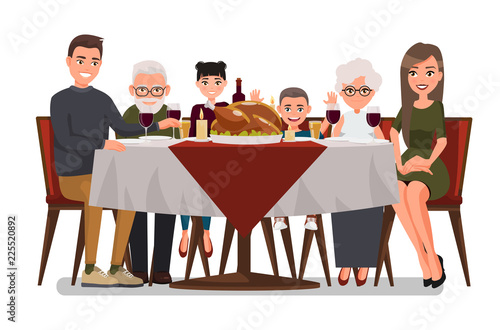 Christmas & Thanksgiving inspired Holiday card with happy family celebrating Thanksgiving day. Turkey at the table.Vector flat design family. Father, Mother, Daughter, Son, Grandmother and Grandfather
